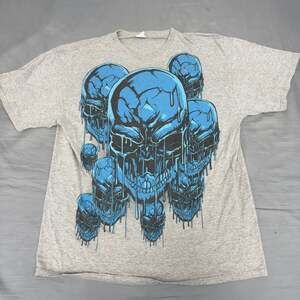 Vintage Y2K Liquid Blue Blue Skull Pile All Over Print T-Shirt Size XL